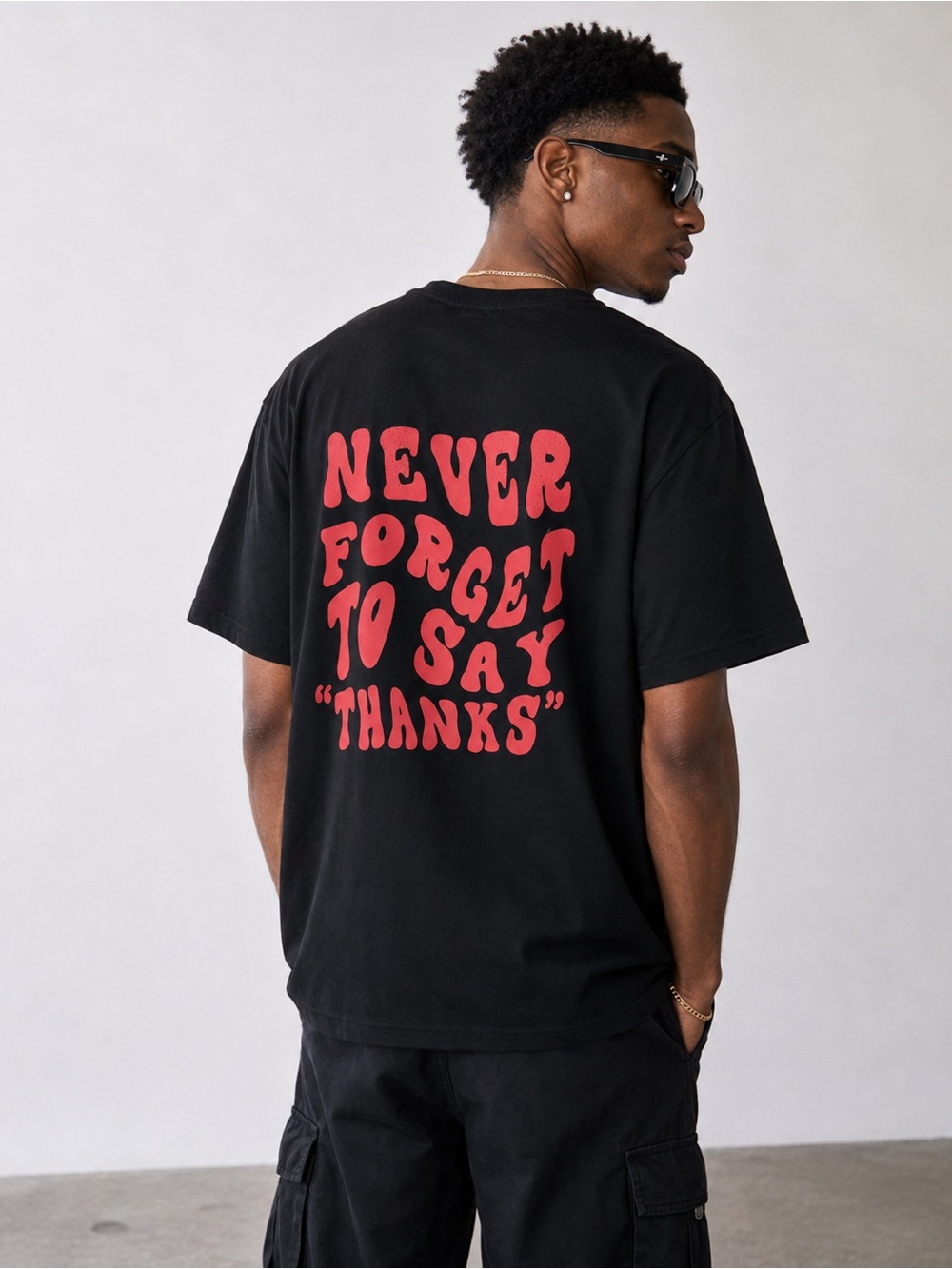 SHEIN Mens Medium Black Graphic T Shirt Never Forget To Say Thanks Oversized